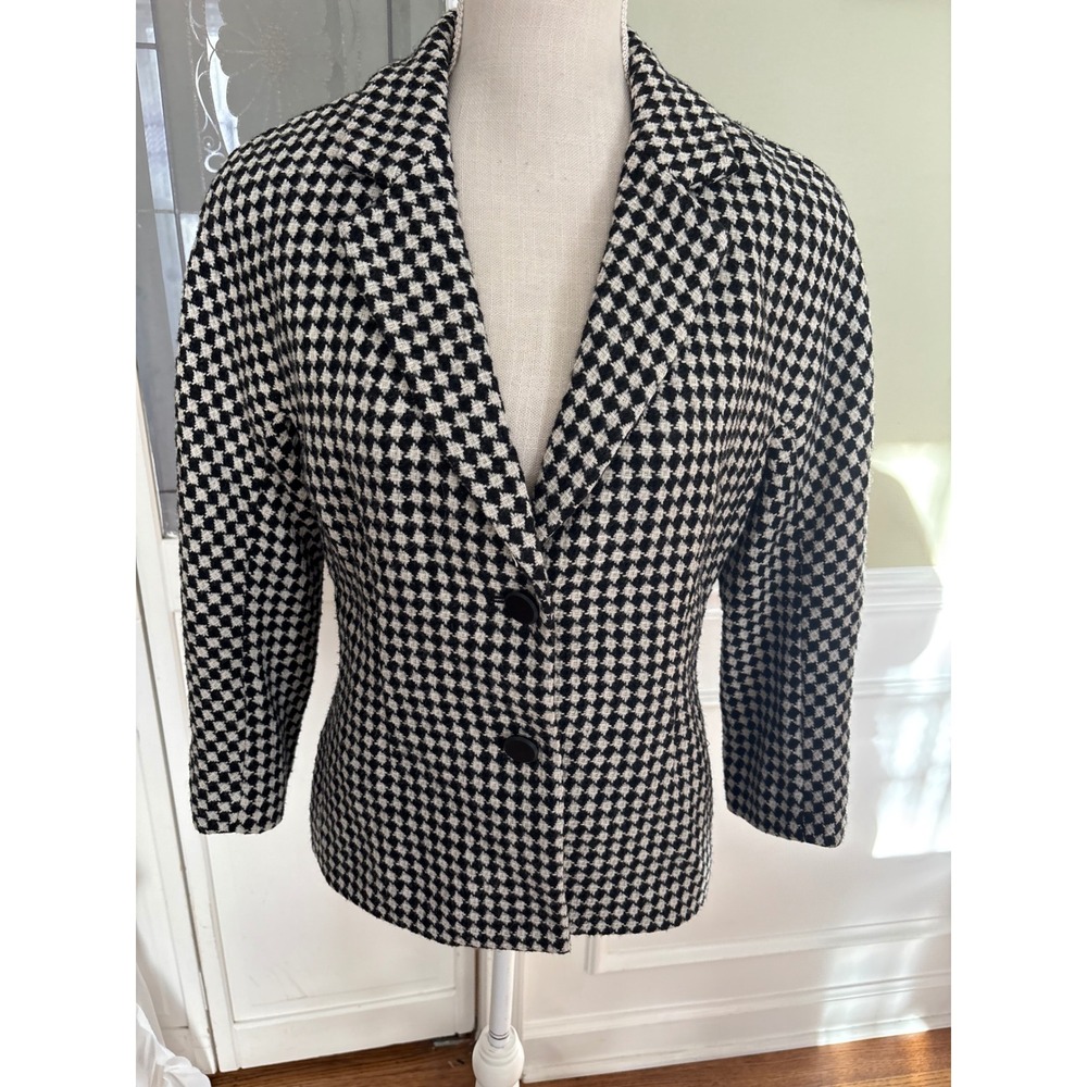 Talbots Petites Black cream Houndstooth Tweed Blazer Jacket 10P Wool Blend